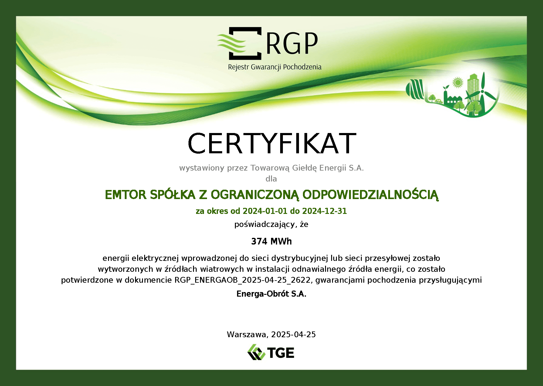 Certyfikat Gwarancji Pochodzenia Energii z OZE dla Emtor Sp. z o.o. na rok 2024