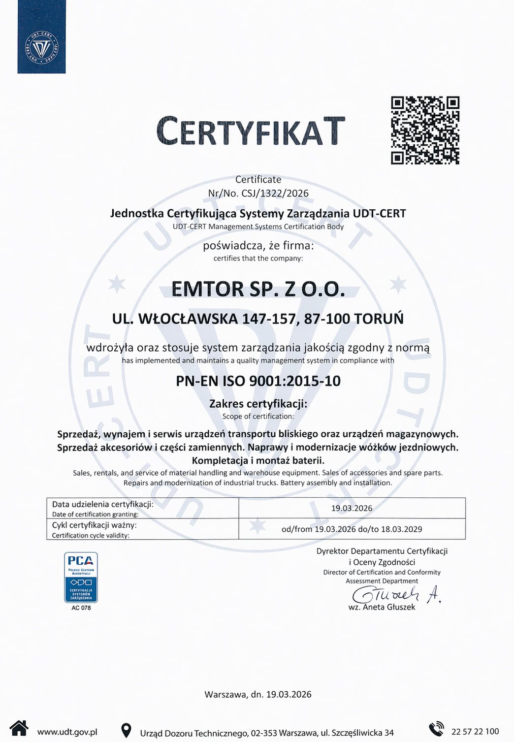 Wręczenie certyfikatu ISO 9001 firmie Emtor